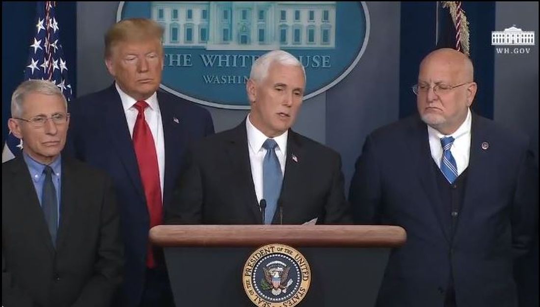 (From left) NIAID Director Dr. Anthony S. Fauci, President Donald Trump, Vice President Mike Pence, and CDC Director Dr. Robert R. Redfield at a press conference Feb. 29, 2020, on COVID-19.